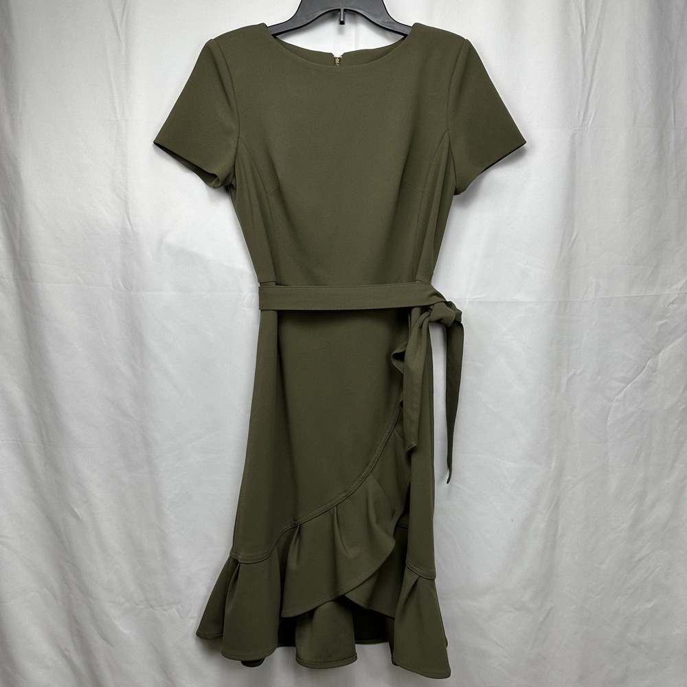 Calvin Klein Ruffle Faux Wrap‎ Belted Olive Green Short Sleeve Sheath Dress Chic